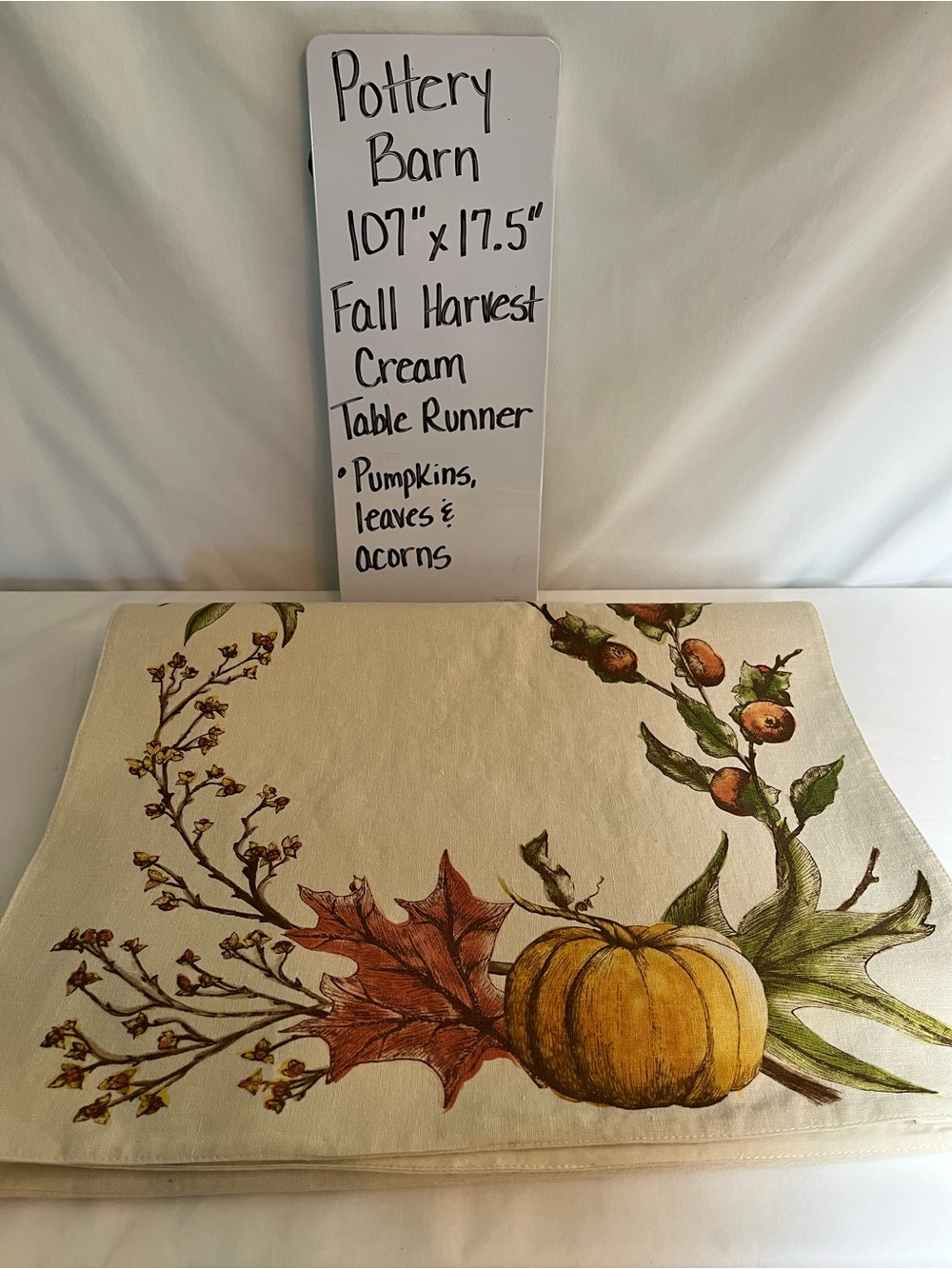 Pottery Barn Table Runner Fall Harvest Cream Pumpkins Leaves Acorns 18 X 107